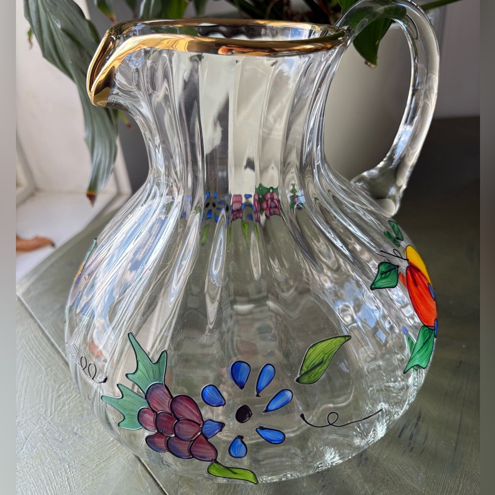 Floral Glass Pitcher with Gold Rim